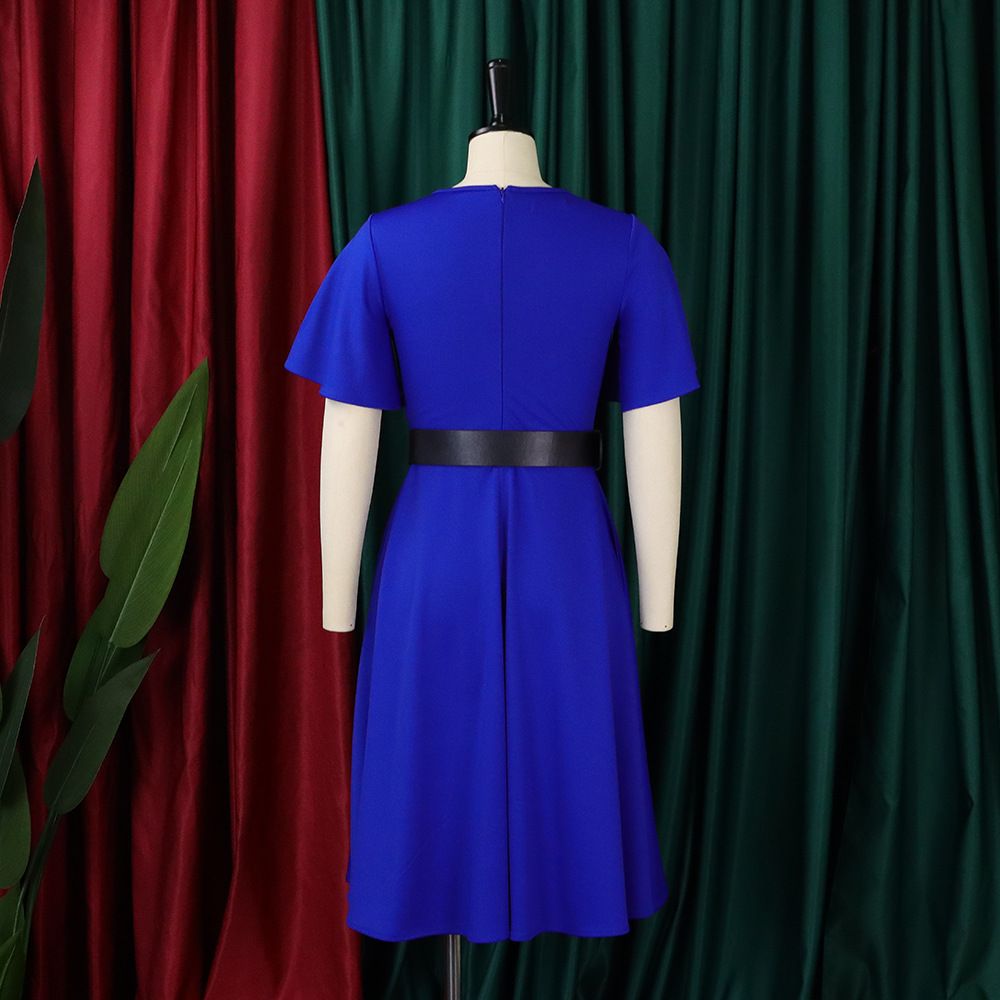 Women short Sleeve Dress V-Neck High Split Tie Wrap Midi Flowy Dresses with belt   Dresses