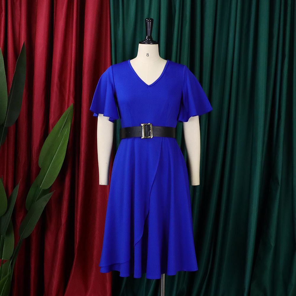 Women short Sleeve Dress V-Neck High Split Tie Wrap Midi Flowy Dresses with belt   Dresses