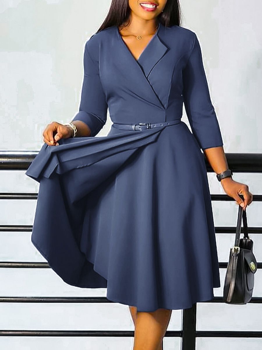 Latest Design Autumn Career Dresses Women Lady Elegant V-neck High Waist A-line Office Lady Dress African Dresses