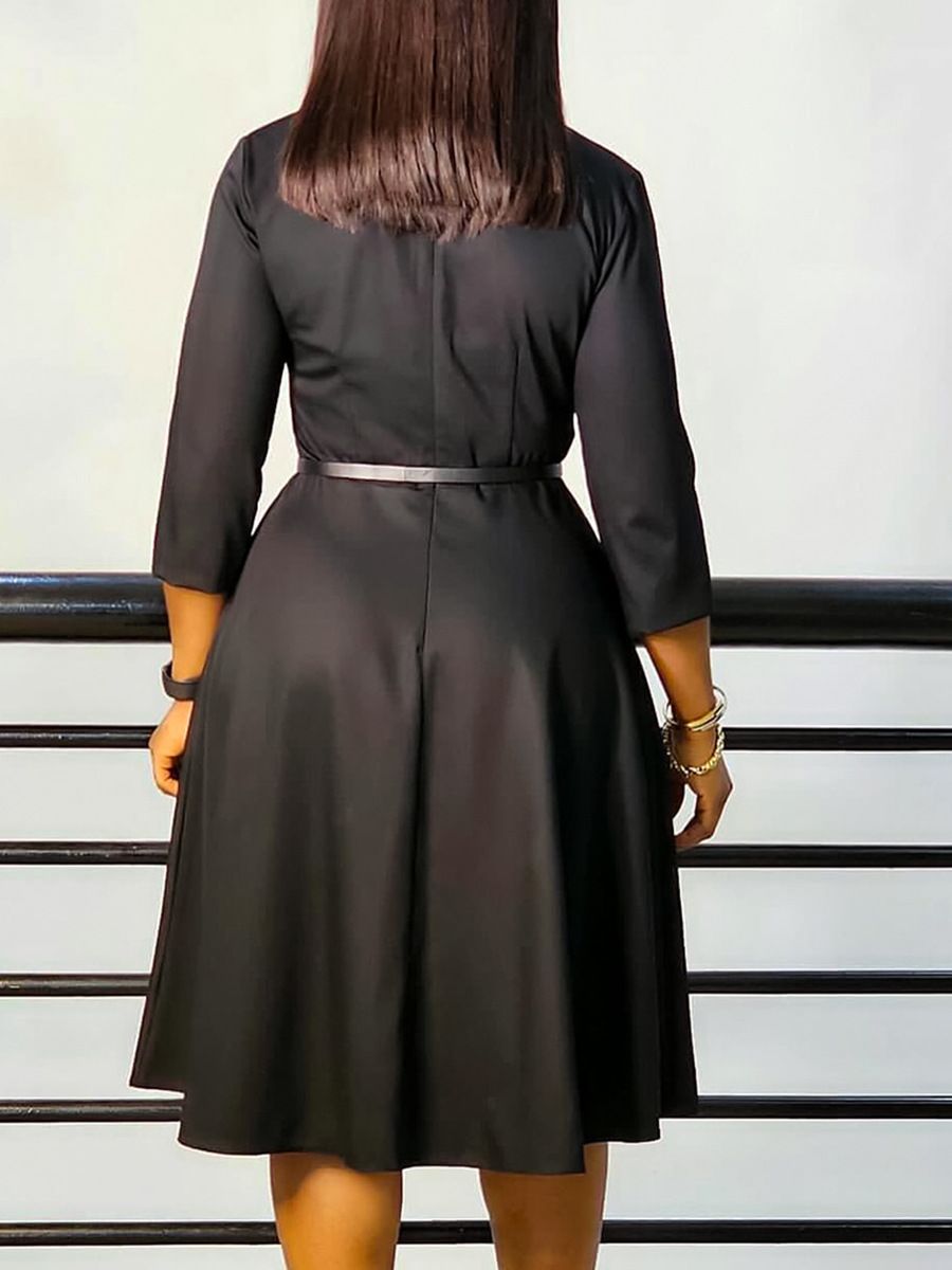 Latest Design Autumn Career Dresses Women Lady Elegant V-neck High Waist A-line Office Lady Dress African Dresses