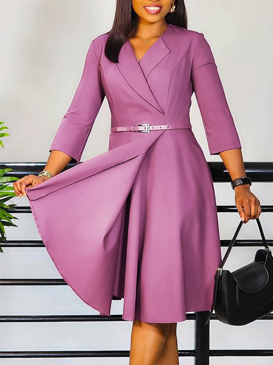 Latest Design Autumn Career Dresses Women Lady Elegant V-neck High Waist A-line Office Lady Dress African Dresses