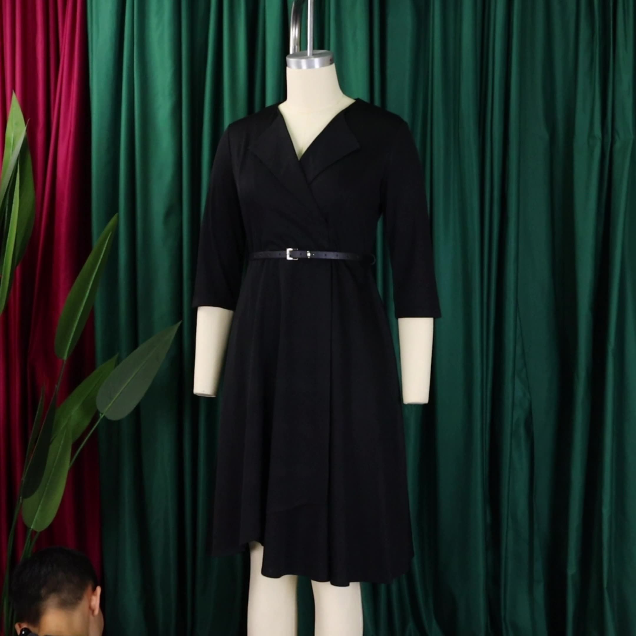 Latest Design Autumn Career Dresses Women Lady Elegant V-neck High Waist A-line Office Lady Dress African Dresses