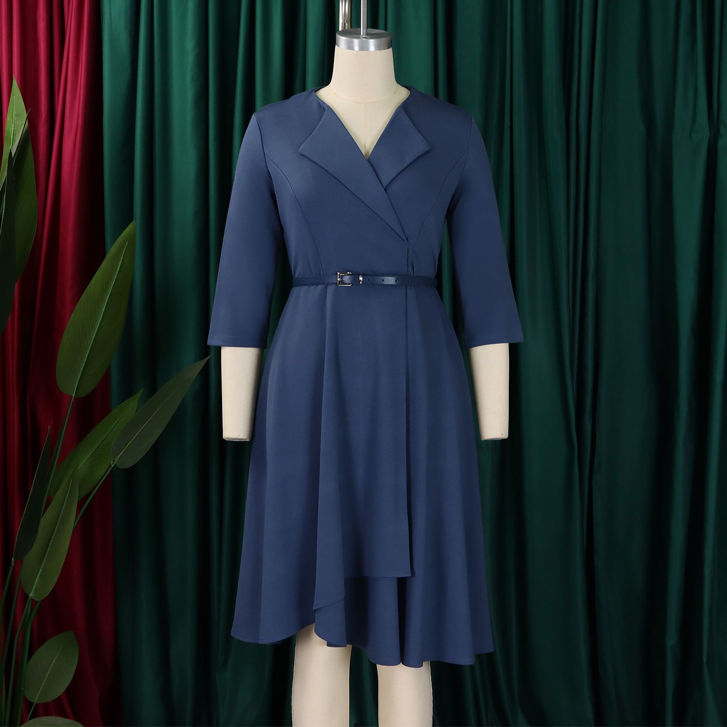 Latest Design Autumn Career Dresses Women Lady Elegant V-neck High Waist A-line Office Lady Dress African Dresses