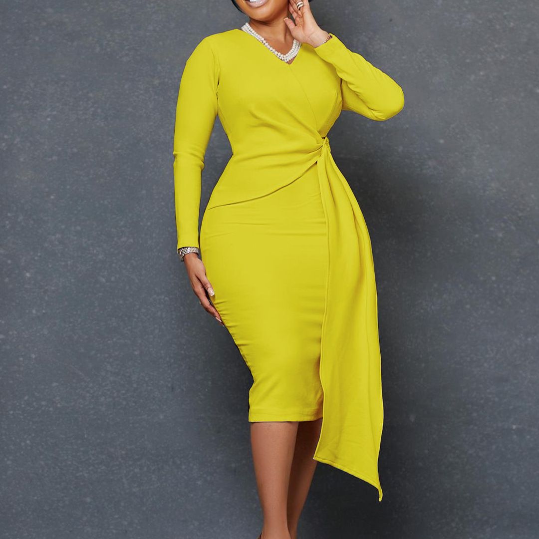 Long Strap V-neck Women Midi Dress High Waist Slim Fit Vestidos New Office Lady Spring Pencil Dresses