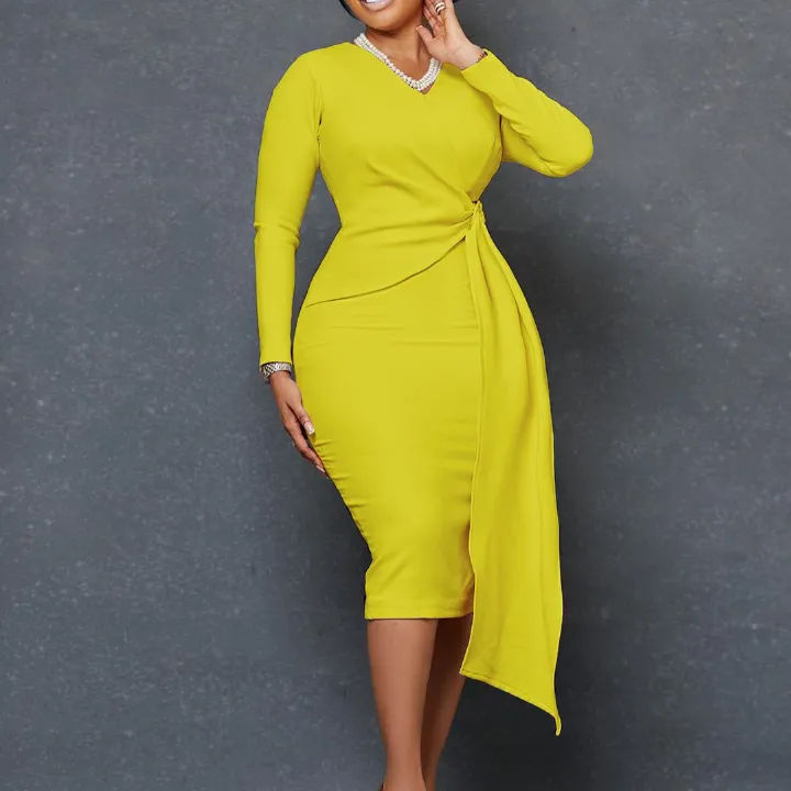 Long Strap V-neck Women Midi Dress High Waist Slim Fit Vestidos New Office Lady Spring Pencil Dresses