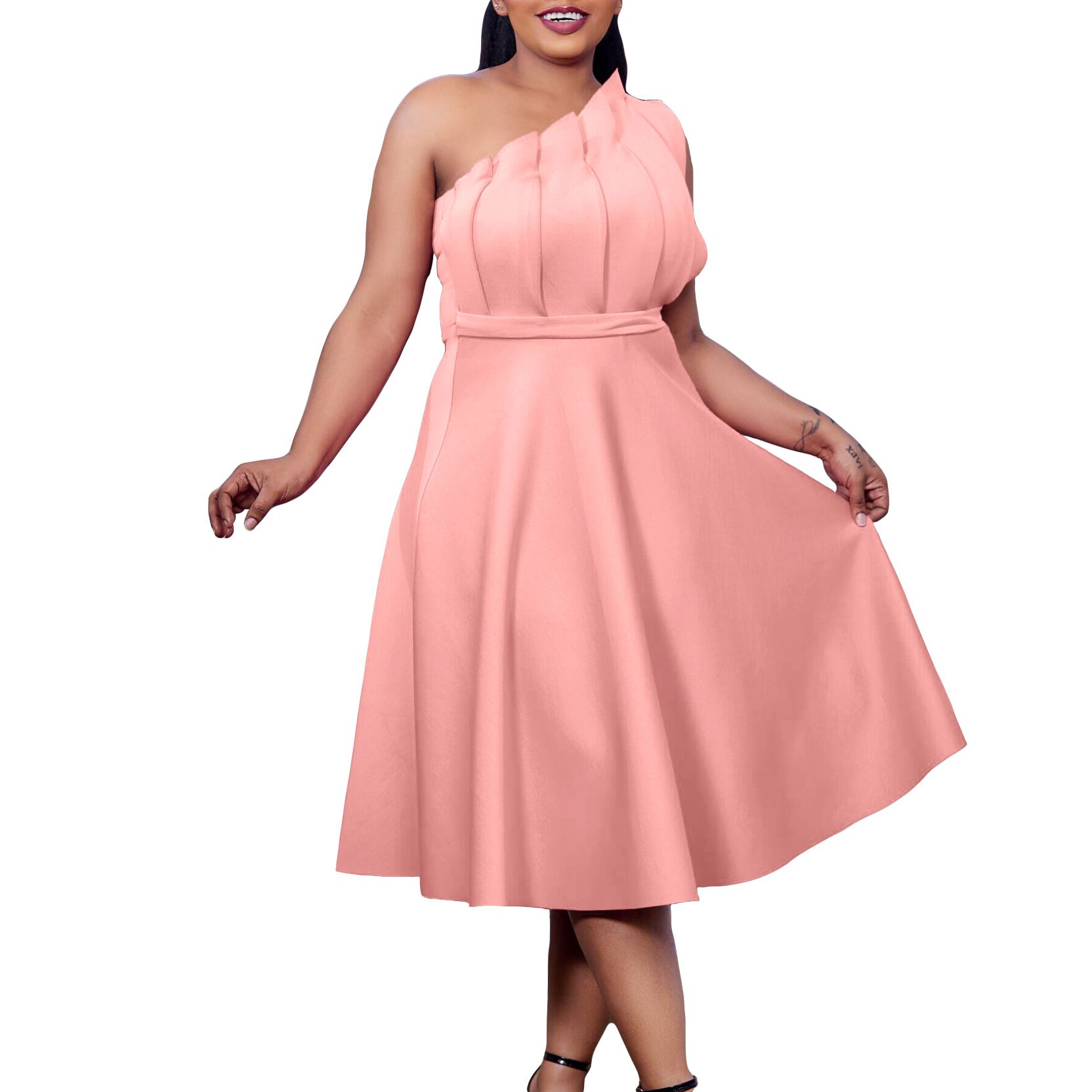 Fashion New European And American Plus Size Women S Clothes Temperament Pure Color Sexy High Waist Pleated Off Shoulder Banquet  Dresses