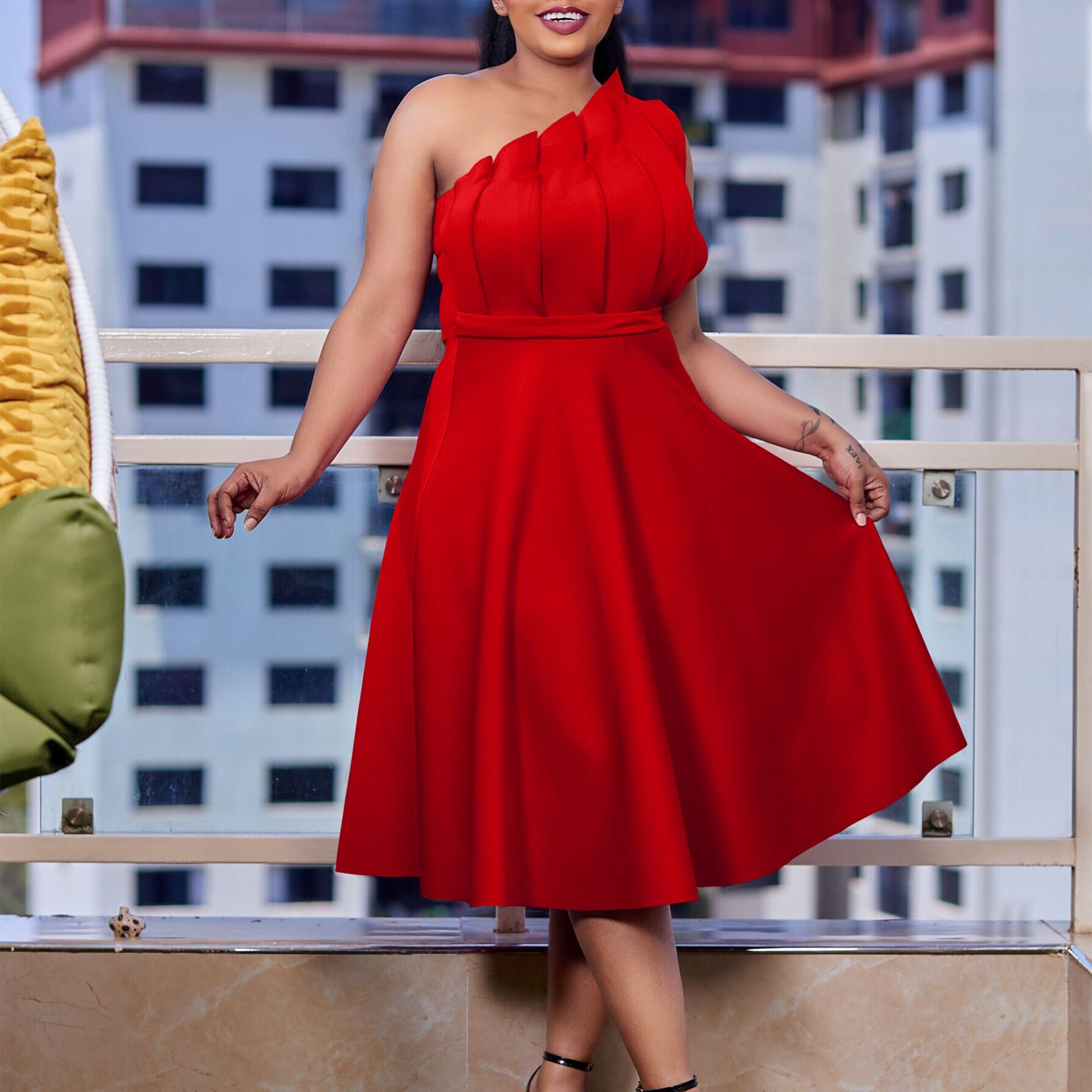 Fashion New European And American Plus Size Women S Clothes Temperament Pure Color Sexy High Waist Pleated Off Shoulder Banquet  Dresses