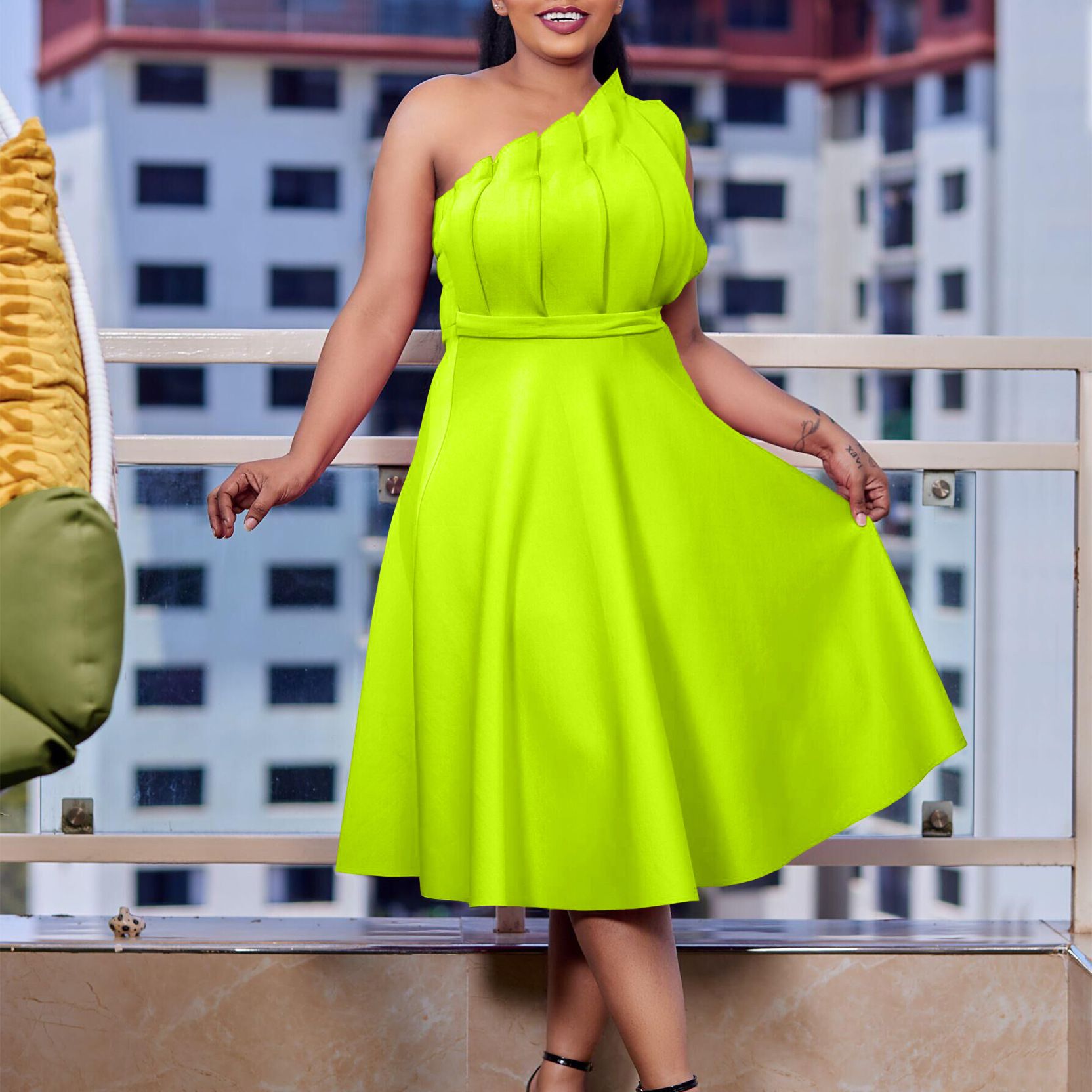 Fashion New European And American Plus Size Women S Clothes Temperament Pure Color Sexy High Waist Pleated Off Shoulder Banquet  Dresses