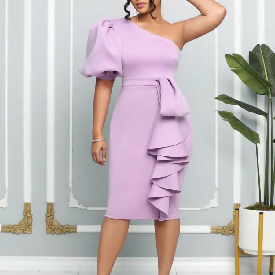 Fashion New 2independent Stand Oblique Shoulder Puff Sleeve Sheath Sexy Dress Plus Size European And American Style Dress