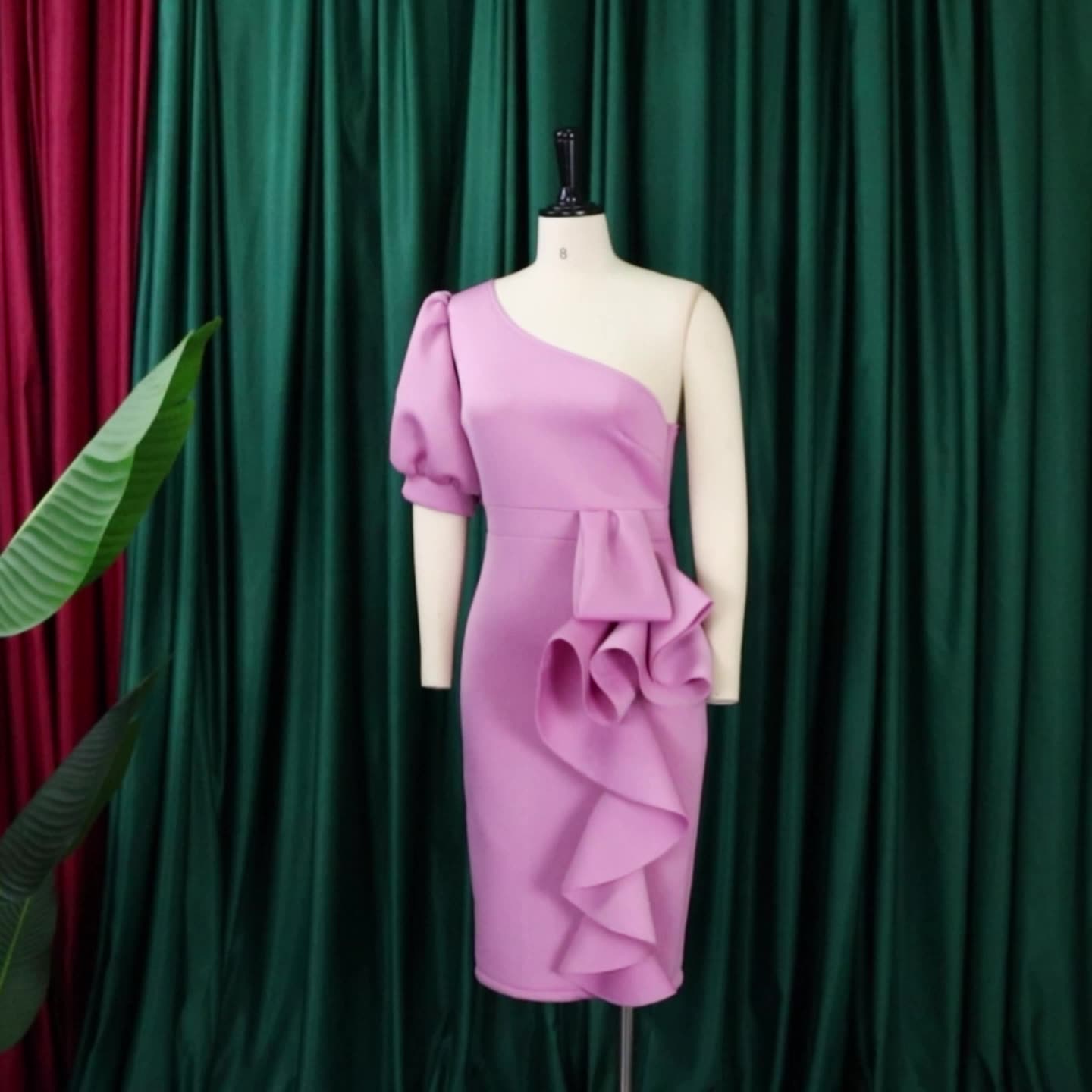 Fashion New 2independent Stand Oblique Shoulder Puff Sleeve Sheath Sexy Dress Plus Size European And American Style Dress