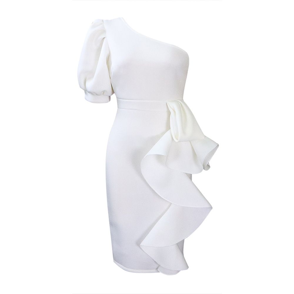 Fashion New 2independent Stand Oblique Shoulder Puff Sleeve Sheath Sexy Dress Plus Size European And American Style Dress