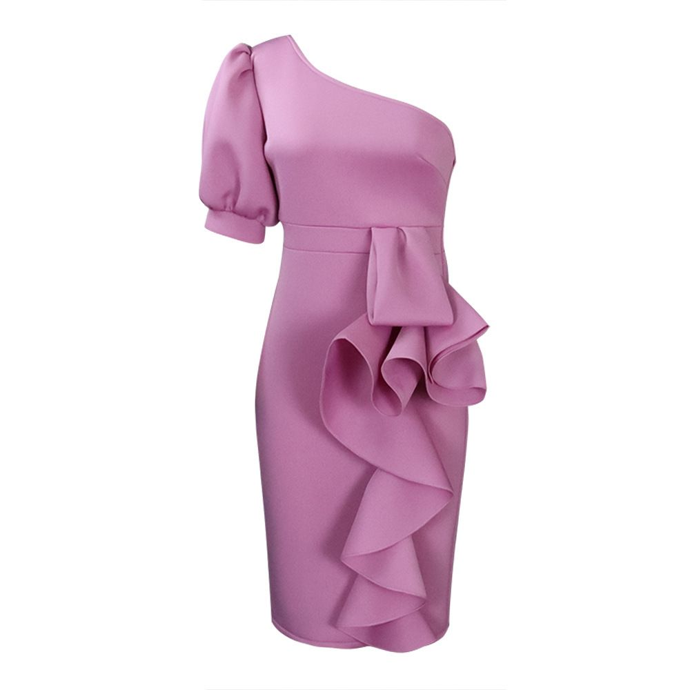 Fashion New 2independent Stand Oblique Shoulder Puff Sleeve Sheath Sexy Dress Plus Size European And American Style Dress