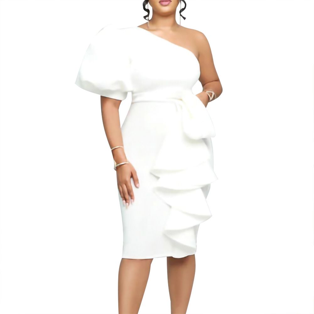 Fashion New 2independent Stand Oblique Shoulder Puff Sleeve Sheath Sexy Dress Plus Size European And American Style Dress