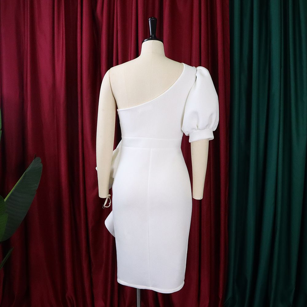 Fashion New 2independent Stand Oblique Shoulder Puff Sleeve Sheath Sexy Dress Plus Size European And American Style Dress