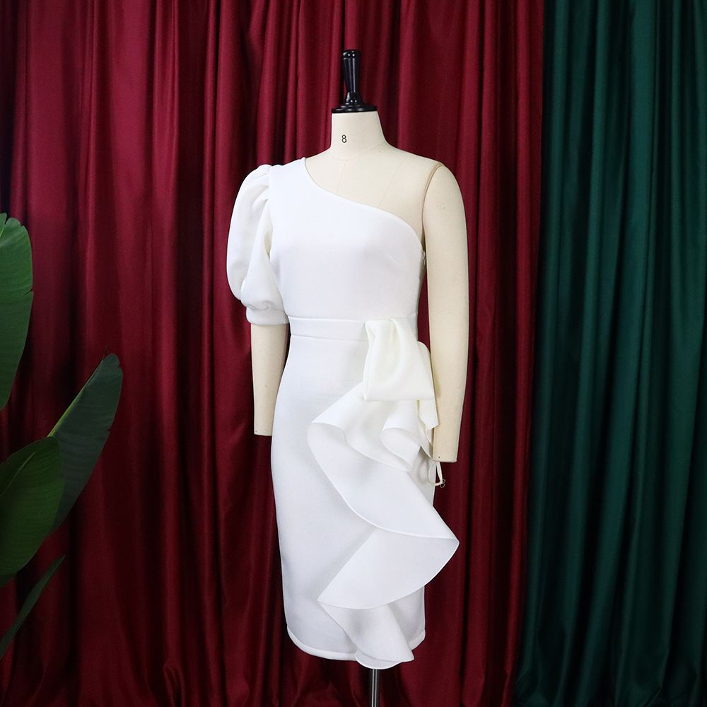Fashion New 2independent Stand Oblique Shoulder Puff Sleeve Sheath Sexy Dress Plus Size European And American Style Dress