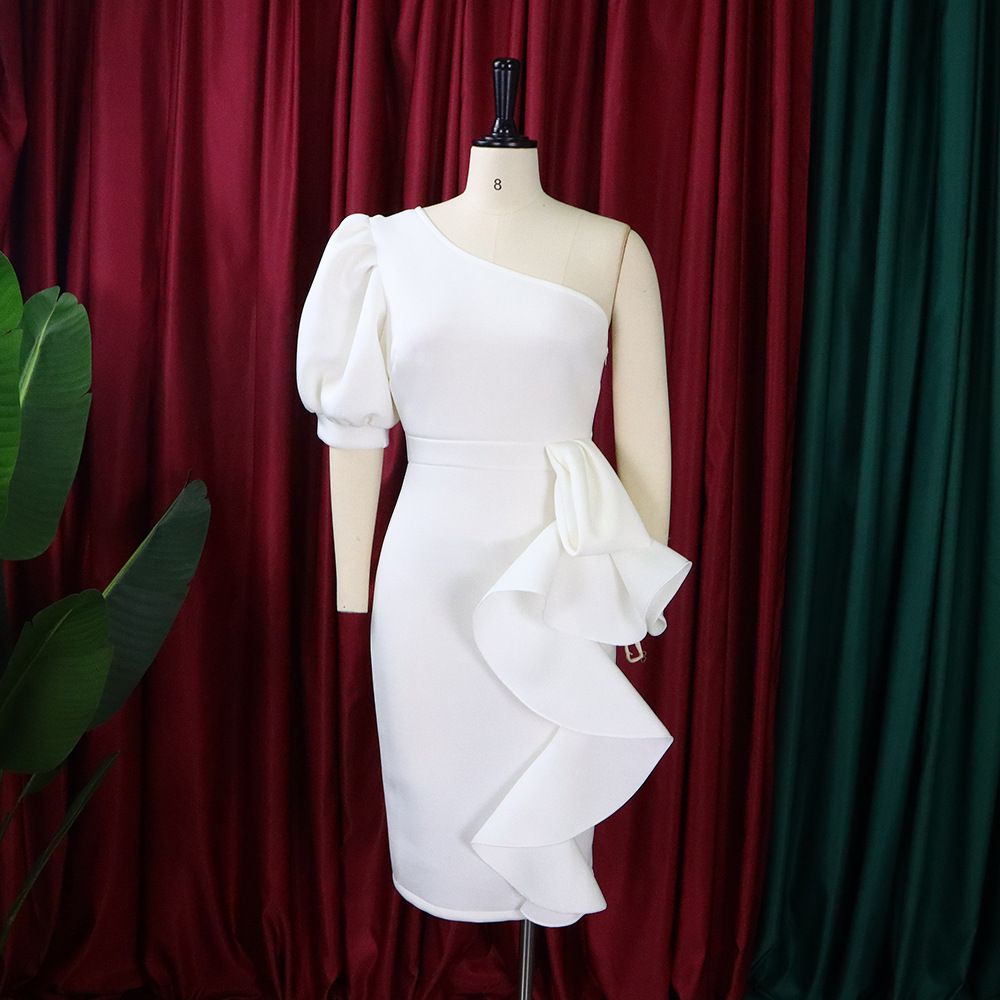 Fashion New 2independent Stand Oblique Shoulder Puff Sleeve Sheath Sexy Dress Plus Size European And American Style Dress