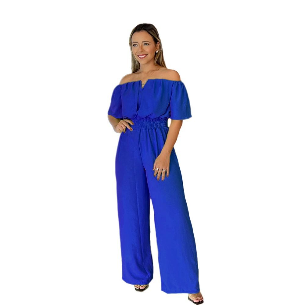 One-Line Neckline Waisted Loose Straight Jumpsuit V-Neck Versatile Office Jumpsuit For Women  Jumpsuits & Rompers