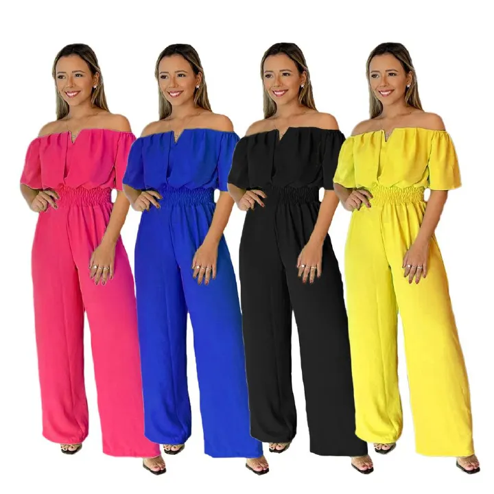 One-Line Neckline Waisted Loose Straight Jumpsuit V-Neck Versatile Office Jumpsuit For Women  Jumpsuits & Rompers