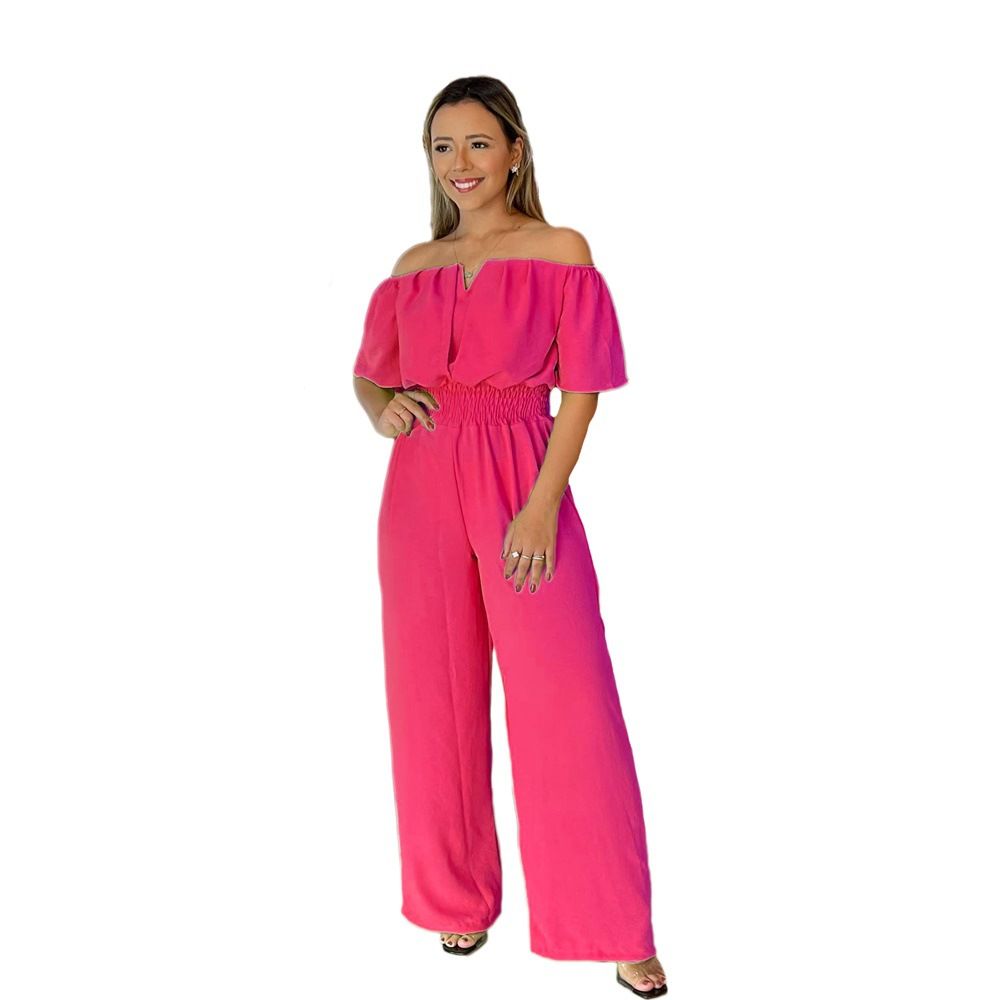 One-Line Neckline Waisted Loose Straight Jumpsuit V-Neck Versatile Office Jumpsuit For Women  Jumpsuits & Rompers