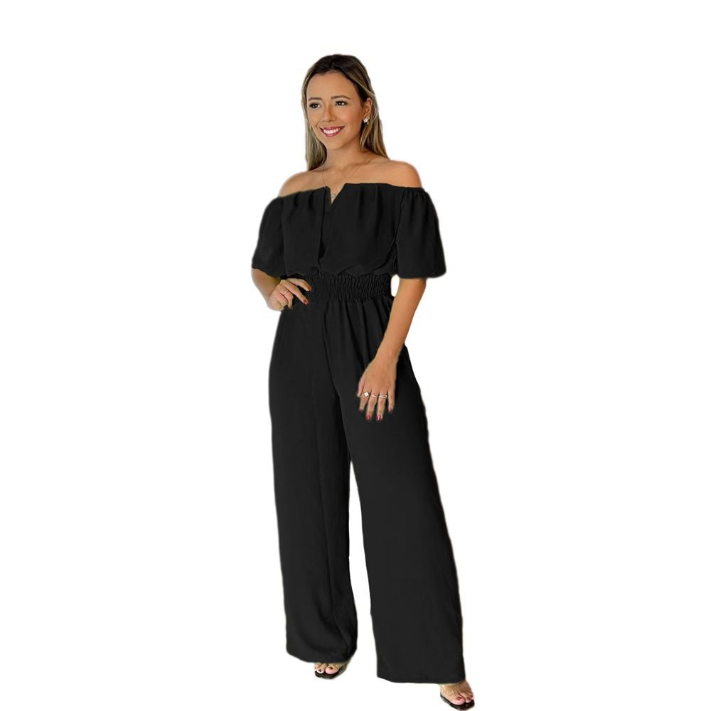 One-Line Neckline Waisted Loose Straight Jumpsuit V-Neck Versatile Office Jumpsuit For Women  Jumpsuits & Rompers