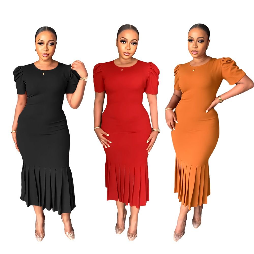 Women's Short sleeved Round Neck Wrapped Hip Dress pleated Medium Length Dress solid color office dresses