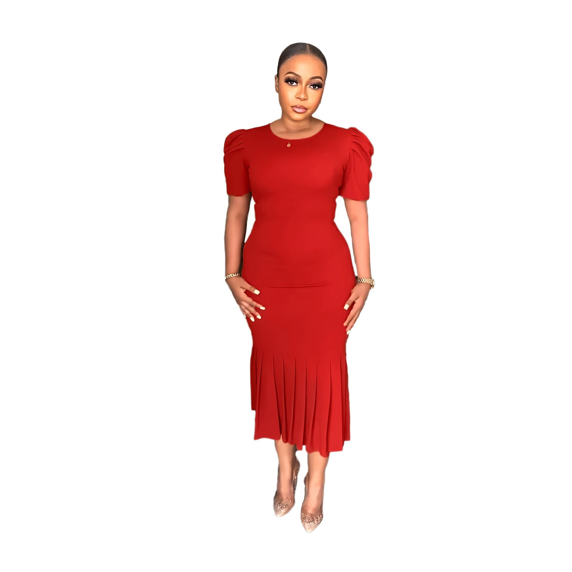 Women's Short sleeved Round Neck Wrapped Hip Dress pleated Medium Length Dress solid color office dresses