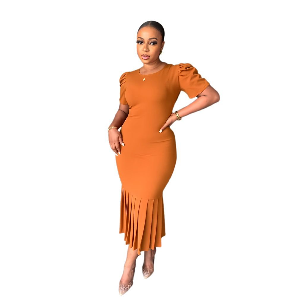 Women's Short sleeved Round Neck Wrapped Hip Dress pleated Medium Length Dress solid color office dresses