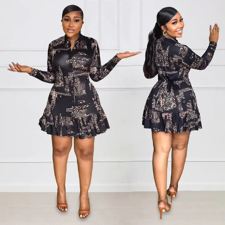 Shewin Black Leopard Print Button Up Shirt Mini Dress Long Sleeves Loose Boutique Fall Dresses For Women  Dresses