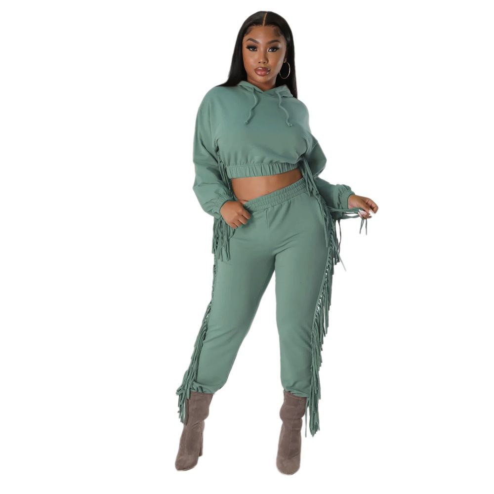 plus size women's cropped custom hoodies & sweatshirts heavyweight sweatpants with tassel jogger sets Two-Piece Outfits