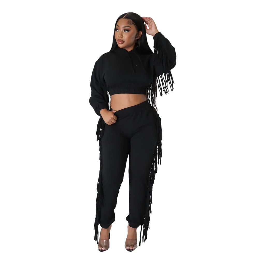 plus size women's cropped custom hoodies & sweatshirts heavyweight sweatpants with tassel jogger sets Two-Piece Outfits
