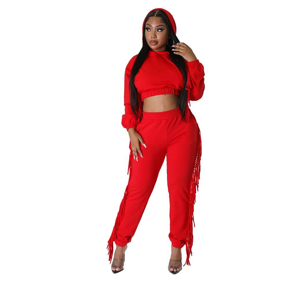 plus size women's cropped custom hoodies & sweatshirts heavyweight sweatpants with tassel jogger sets Two-Piece Outfits