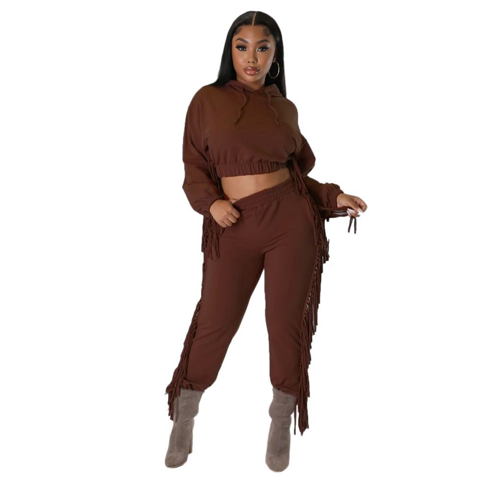 plus size women's cropped custom hoodies & sweatshirts heavyweight sweatpants with tassel jogger sets Two-Piece Outfits
