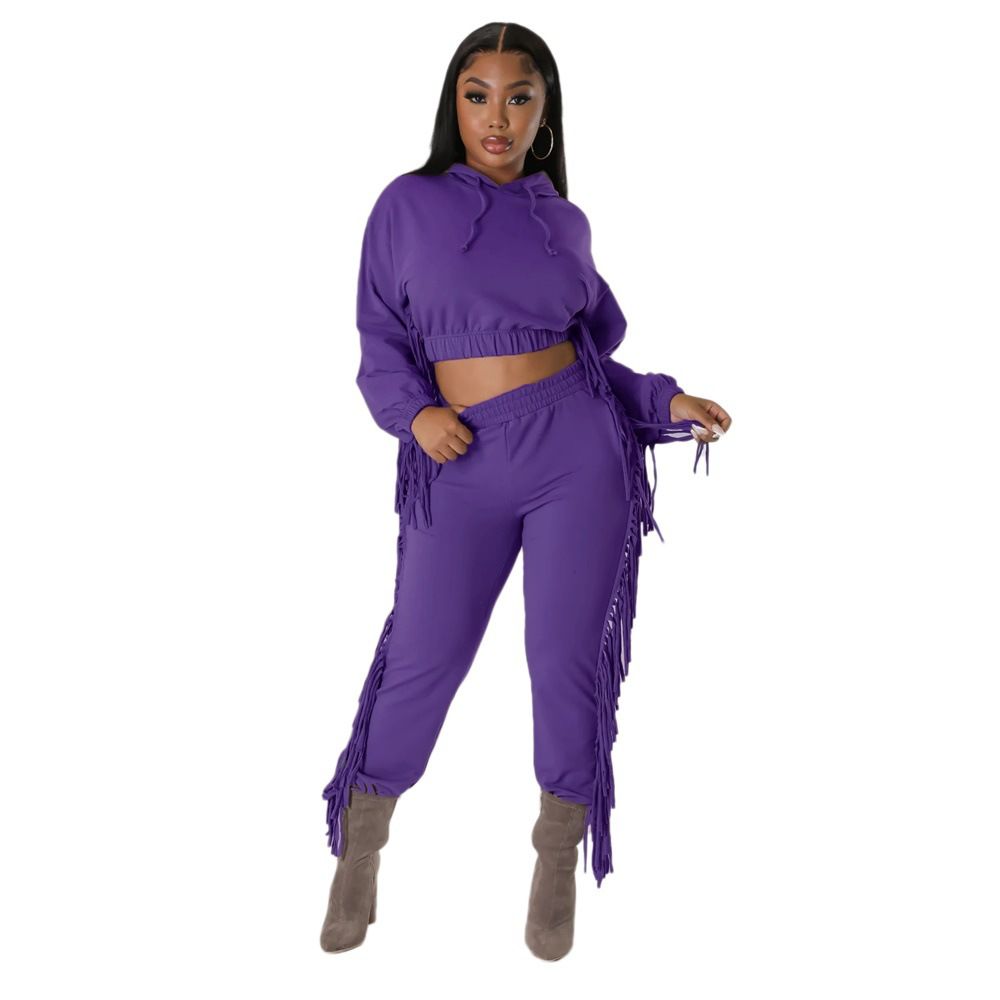 plus size women's cropped custom hoodies & sweatshirts heavyweight sweatpants with tassel jogger sets Two-Piece Outfits