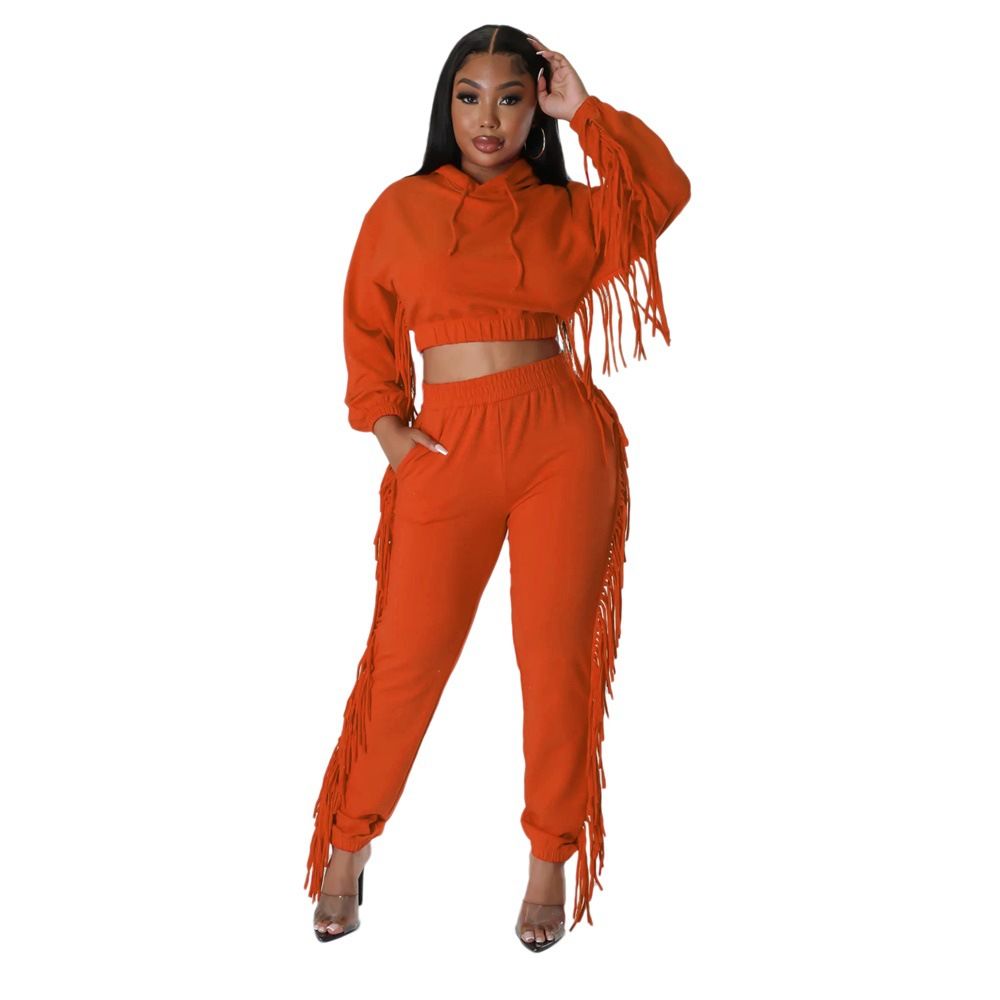 plus size women's cropped custom hoodies & sweatshirts heavyweight sweatpants with tassel jogger sets Two-Piece Outfits