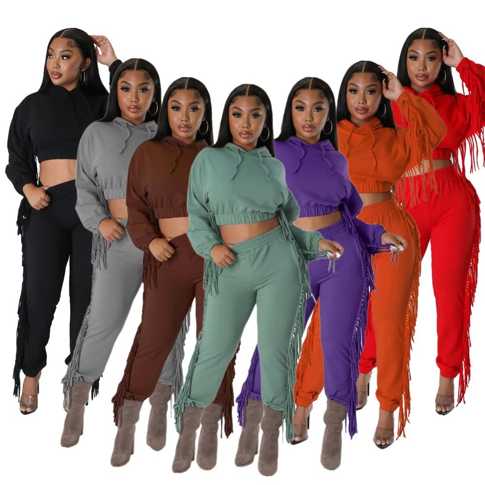 plus size women's cropped custom hoodies & sweatshirts heavyweight sweatpants with tassel jogger sets Two-Piece Outfits