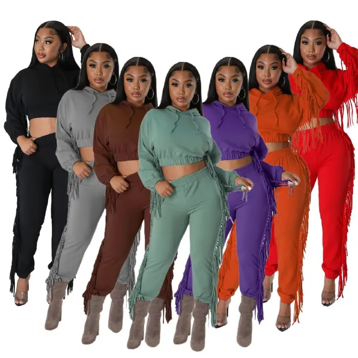plus size women's cropped custom hoodies & sweatshirts heavyweight sweatpants with tassel jogger sets Two-Piece Outfits