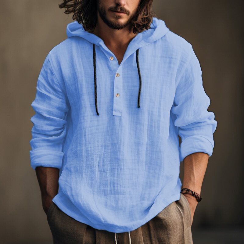 New trend cotton linen long sleeved daily casual travel breathable soft loose single breasted men's hoodie T-Shirts