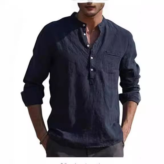 Hot Sale Men's Long-Sleeved Shirts Summer Solid Color Stand-Up Collar Casual Beach Style Plus Size Shirts