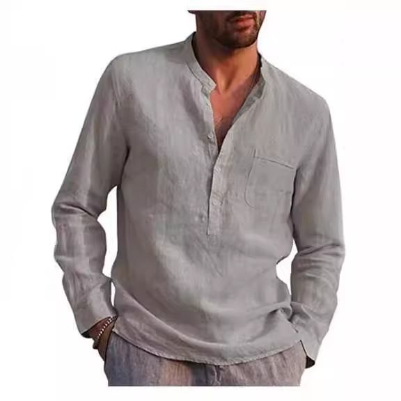 Hot Sale Men's Long-Sleeved Shirts Summer Solid Color Stand-Up Collar Casual Beach Style Plus Size Shirts