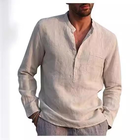 Hot Sale Men's Long-Sleeved Shirts Summer Solid Color Stand-Up Collar Casual Beach Style Plus Size Shirts