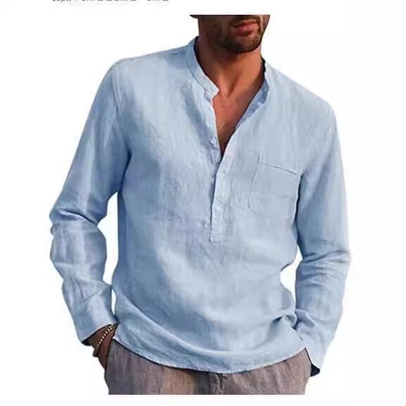Hot Sale Men's Long-Sleeved Shirts Summer Solid Color Stand-Up Collar Casual Beach Style Plus Size Shirts