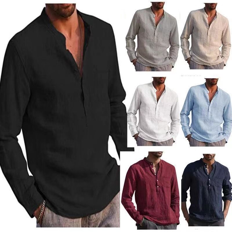 Hot Sale Men's Long-Sleeved Shirts Summer Solid Color Stand-Up Collar Casual Beach Style Plus Size Shirts