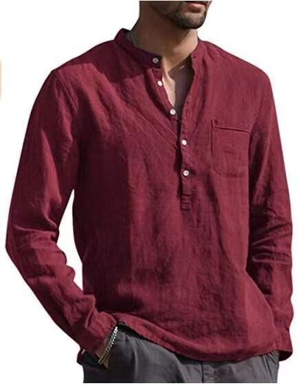 Hot Sale Men's Long-Sleeved Shirts Summer Solid Color Stand-Up Collar Casual Beach Style Plus Size Shirts