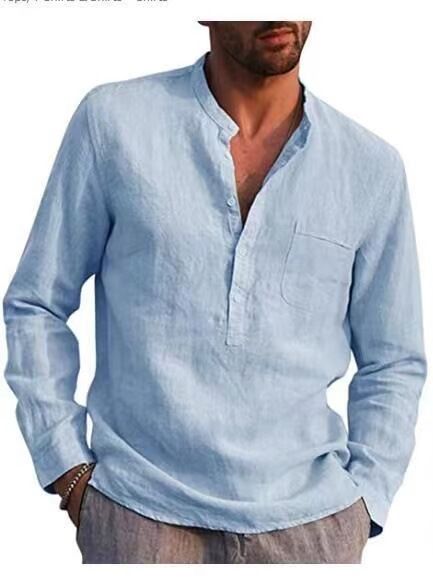 Hot Sale Men's Long-Sleeved Shirts Summer Solid Color Stand-Up Collar Casual Beach Style Plus Size Shirts