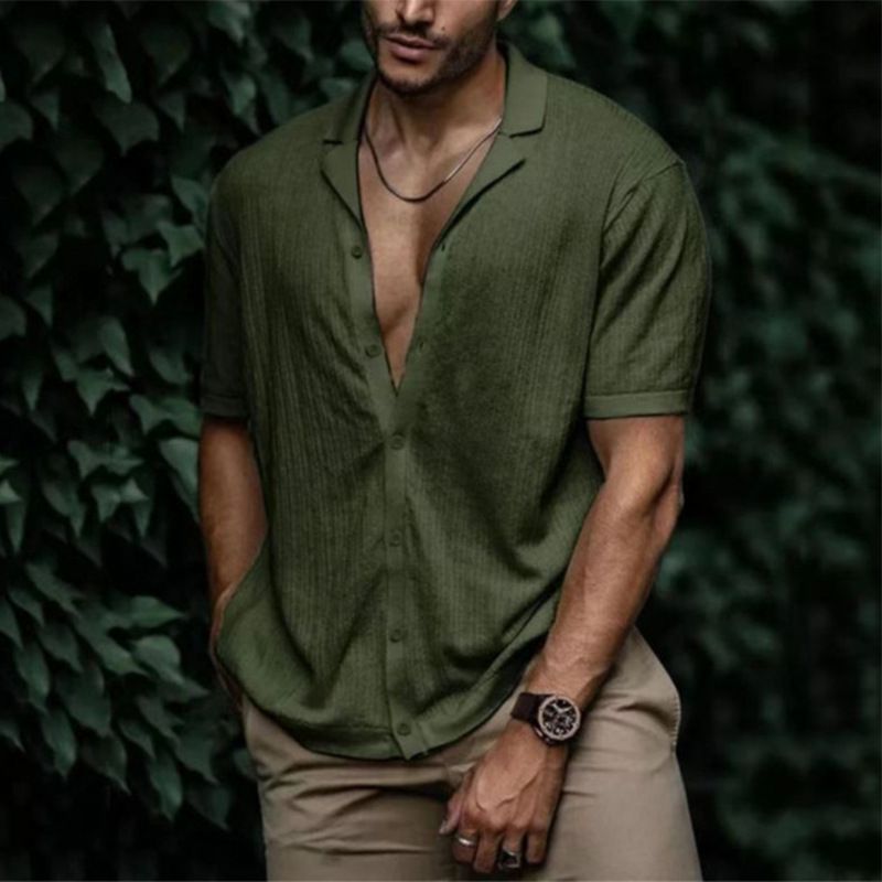 Summer men's solid color soft fabric short-sleeved collar simple casual shirt