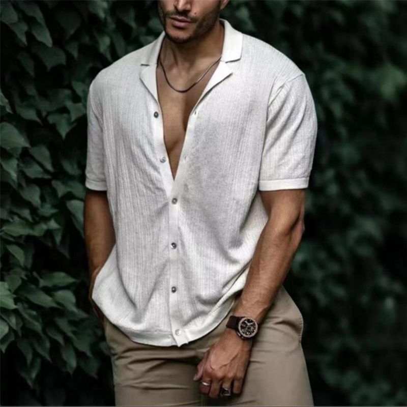 Summer men's solid color soft fabric short-sleeved collar simple casual shirt