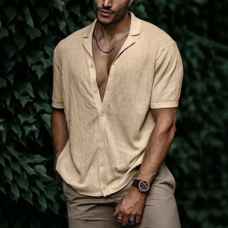 Summer men's solid color soft fabric short-sleeved collar simple casual shirt