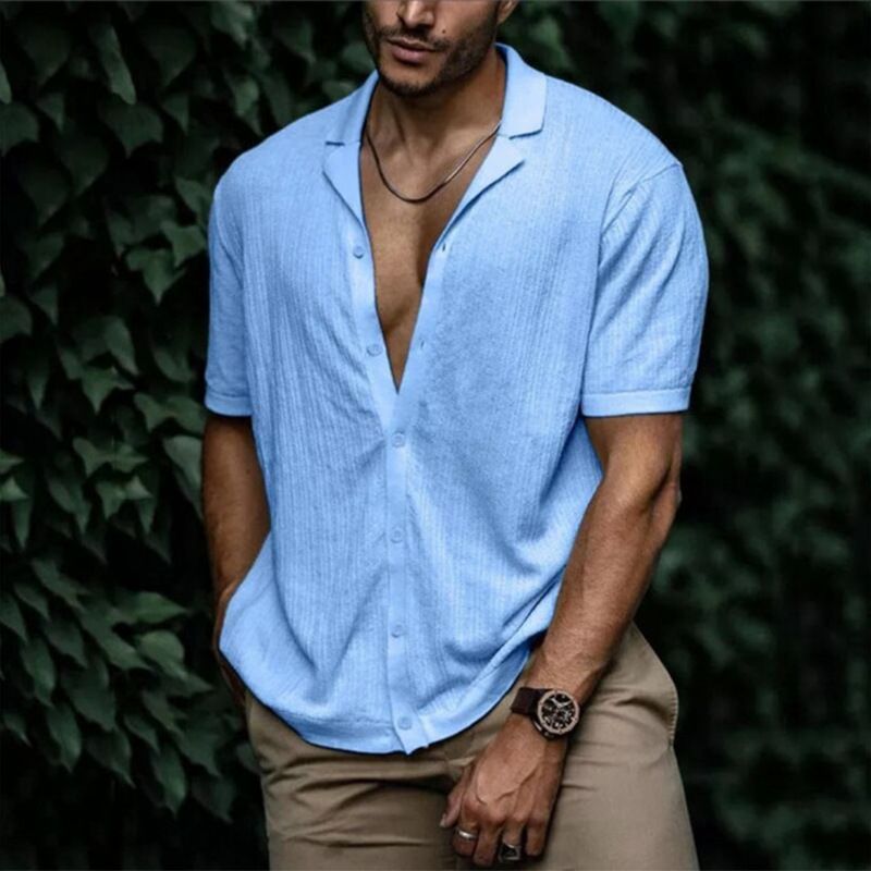 Summer men's solid color soft fabric short-sleeved collar simple casual shirt