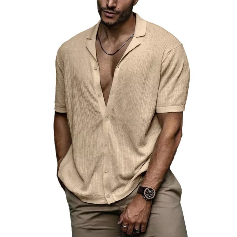 Summer men's solid color soft fabric short-sleeved collar simple casual shirt