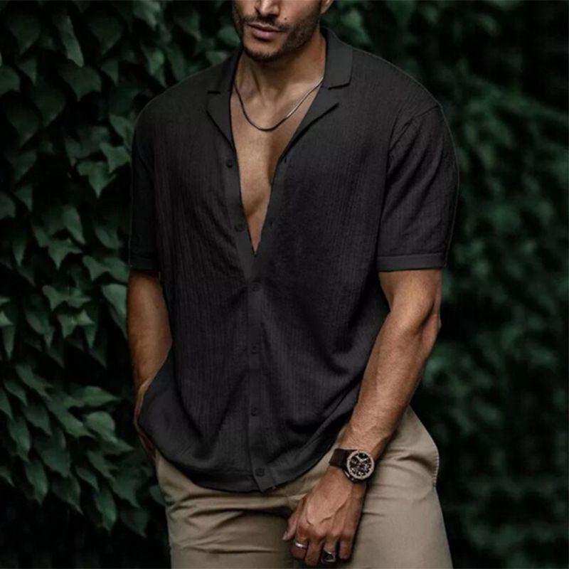 Summer men's solid color soft fabric short-sleeved collar simple casual shirt